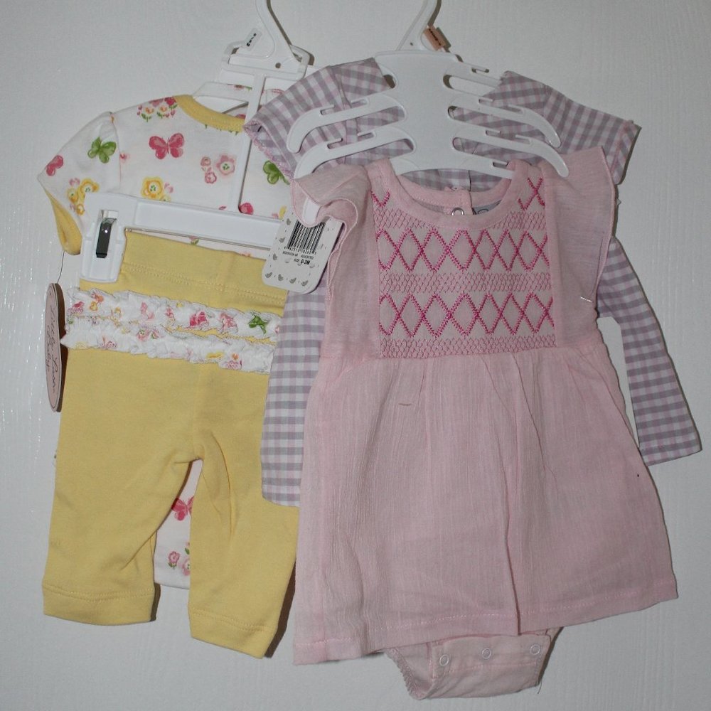 Little Lass Baby Girl Size 0-3M Lot of 6 Bodysuit Pants Bib Hat Yellow Pink NWT - Picture 3 of 14